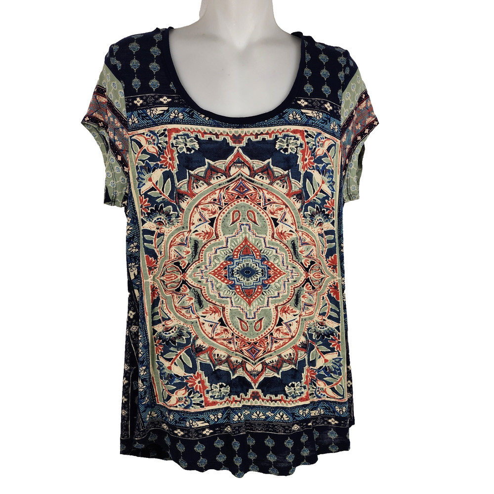 Lucky Brand Women's Persian Carpet Tee Navy Multi Medium Short Sleeve Scoop Boho